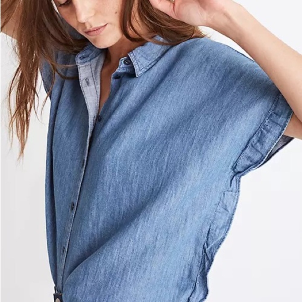 Madewell Cotton Linen Blend Indigo Ruffle Side Shirt Size M